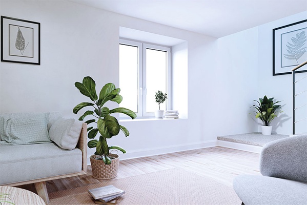 Wohnraum kellerfenster 02 Schrägansicht eines hellen Wohnraumes mit zweiflügeligem Dreh-Kippfenster
